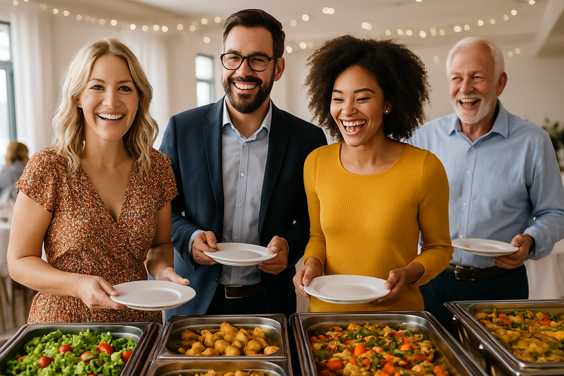 Gäste am Buffet bei einer Hochzeitsfeier mit passender Stimmung für Tischlieder Hochzeit