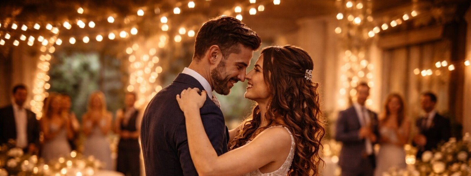 Brautpaar beim ersten Tanz auf einer Hochzeit in Bielefeld mit stimmungsvoller Beleuchtung und emotionaler Atmosphäre
