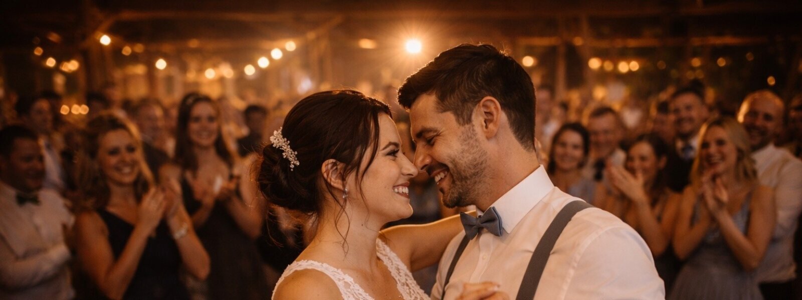 Brautpaar beim emotionalen Eröffnungstanz auf einer Hochzeit in Rinteln mit stimmungsvoller Beleuchtung und Gästen im Hintergrund