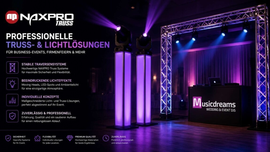 Professionelle Eventtechnik mit hochwertigen Licht- und Traversensystemen für optimale Veranstaltungstechnik