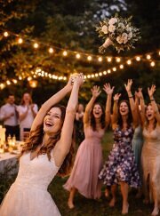 Brautstraußwurf und Hochzeitstorte mit passender DJ Musik auf einer Hochzeit