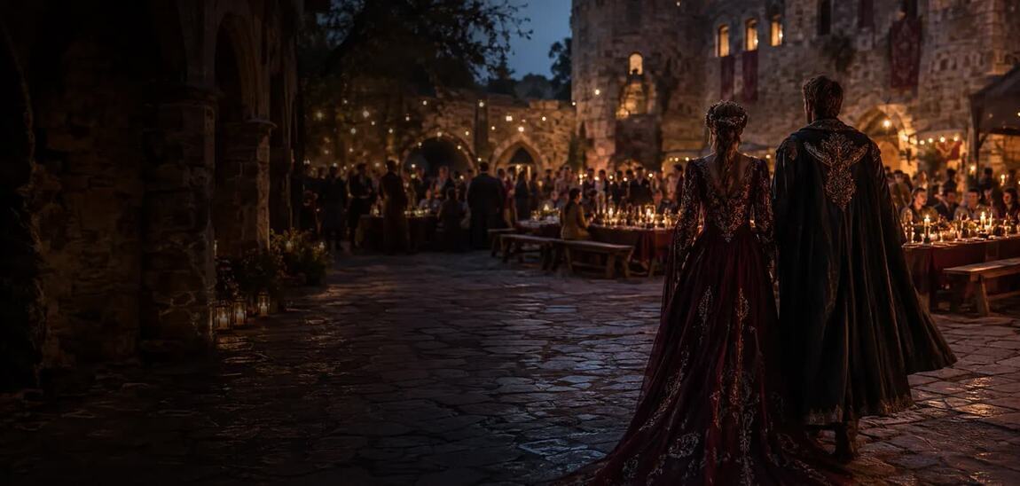 Illustrative Mittelalterhochzeit in einem stimmungsvoll beleuchteten Burghof